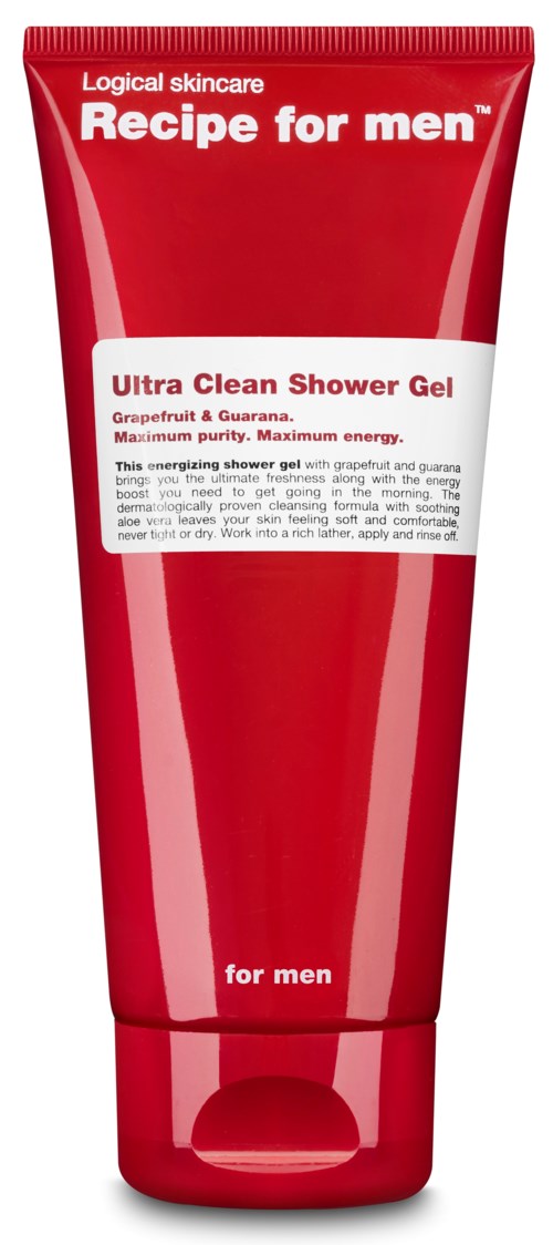 Red shower gel tube with white and black text, labeled as 'Ultra Clean Shower Gel' for men.