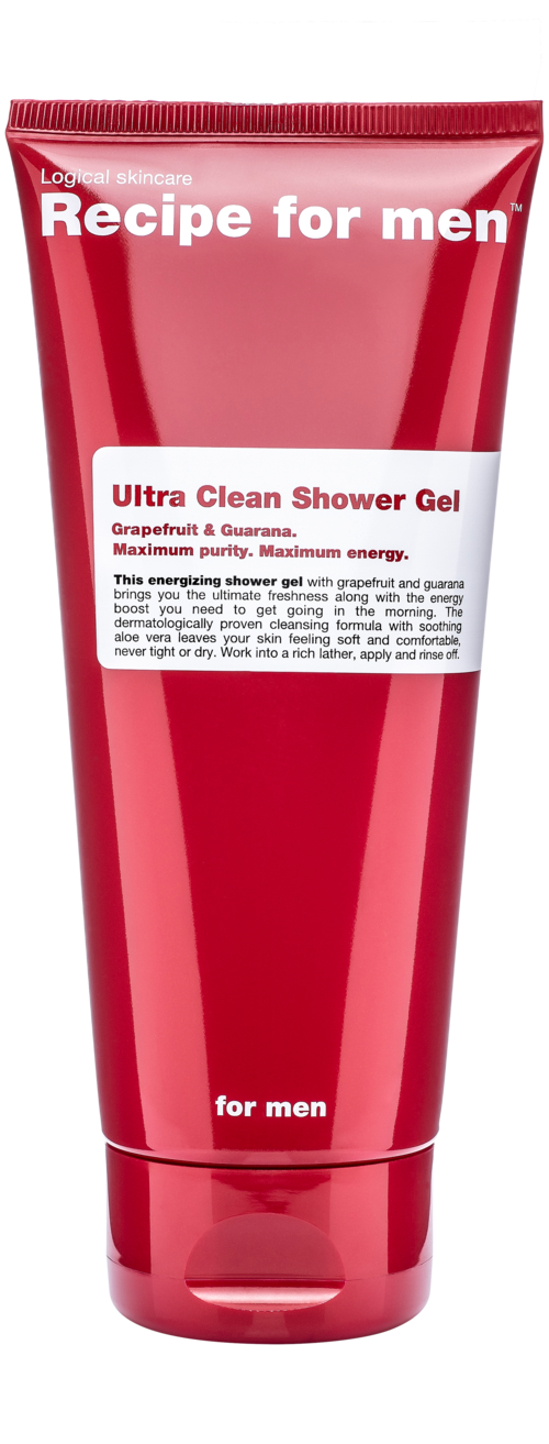 A red tube with white and black text for men's shower gel, featuring grapefruit and guarana ingredients.