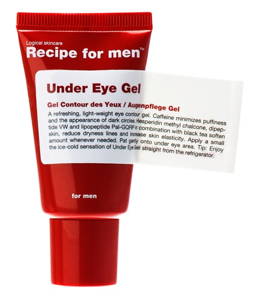 Red tube of eye gel with white label, says 'Under Eye Gel' for men, includes usage instructions.
