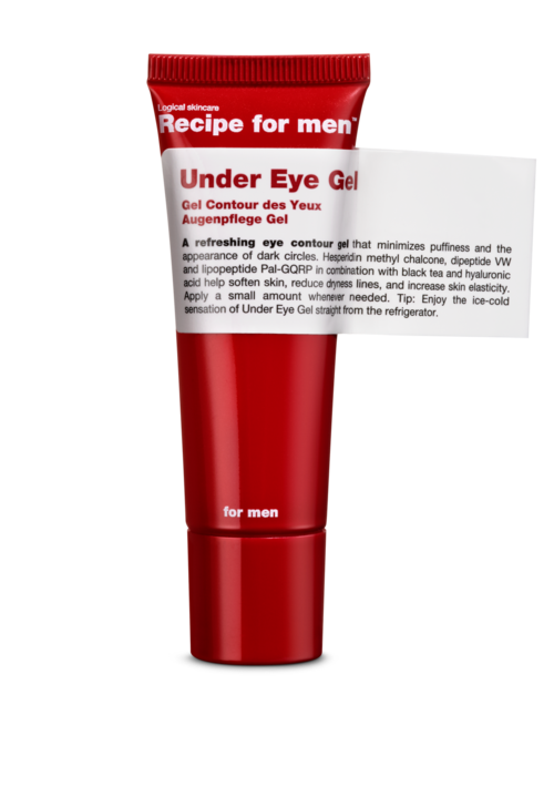 A red tube of under eye gel for men with white and red label, designed to reduce puffiness and dark circles.