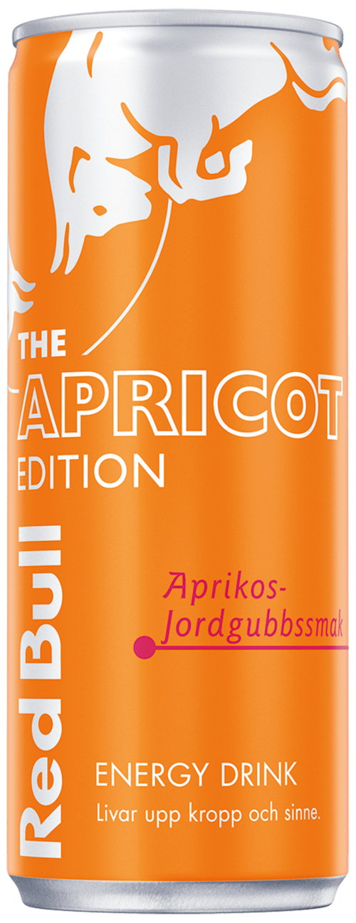 Orange can with Blue Red Bull branding, labeled as Apricot Edition, energy drink with Swedish text, and a peach illustration.