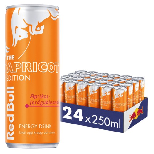 A tall orange can and a box of 24 smaller cans, all with Red Bull branding and apricot flavor.