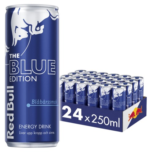 A pack of 24 Blue Edition energy drinks by Red Bull, each 250ml, with a prominent Blue Bull logo and text.