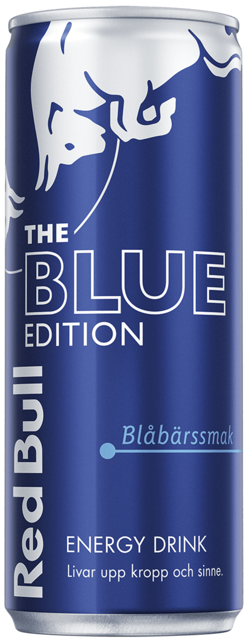 A tall blue can of Red Bull energy drink with white and blue text, and a logo of a bull's head.