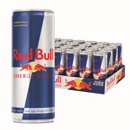 A tall can of Red Bull energy drink with a blue, silver, and red design, next to a tray of 24 cans.