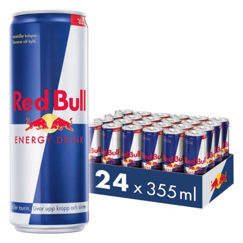 A tall can of Red Bull energy drink and a box containing 24 cans of the same drink.