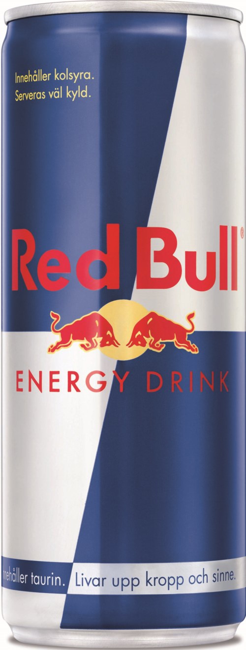 A tall can of Red Bull energy drink with blue, white, and red colors, and a logo with two bulls.