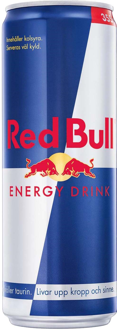 A tall Red Bull energy drink can with a blue, silver, and red design and the Red Bull logo featuring two bulls.