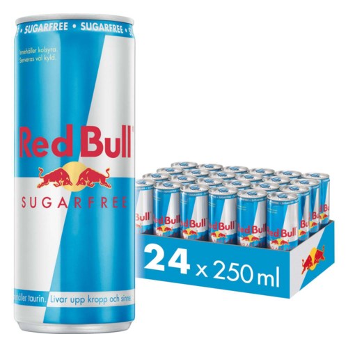 A tall, blue Red Bull Sugarfree energy drink can and a box of 24 cans. The can features a Red Bull logo and text.
