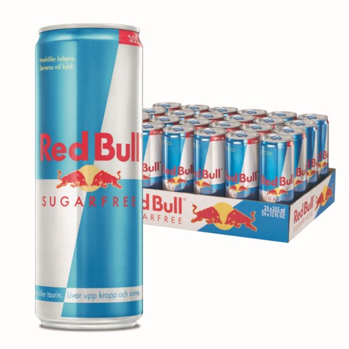A tall can of Red Bull Sugarfree energy drink with many cans in a tray behind it.
