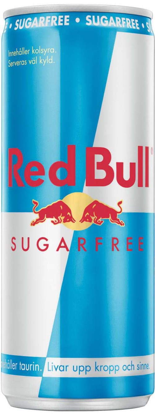 Red Bull sugar-free energy drink can with blue and white design, featuring the Red Bull logo and text.
