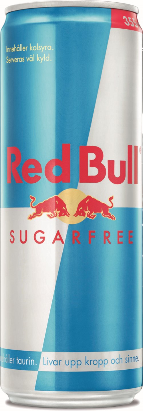 A tall, slim can with blue, white, and red colors, featuring Red Bull logo and the word 'SUGAR FREE'.