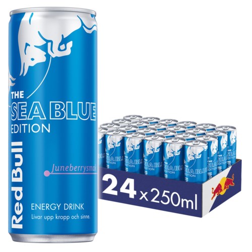 A pack of 24 Red Bull Sea Blue Edition energy drinks, each 250ml. The cans are blue with branding and a whale logo.