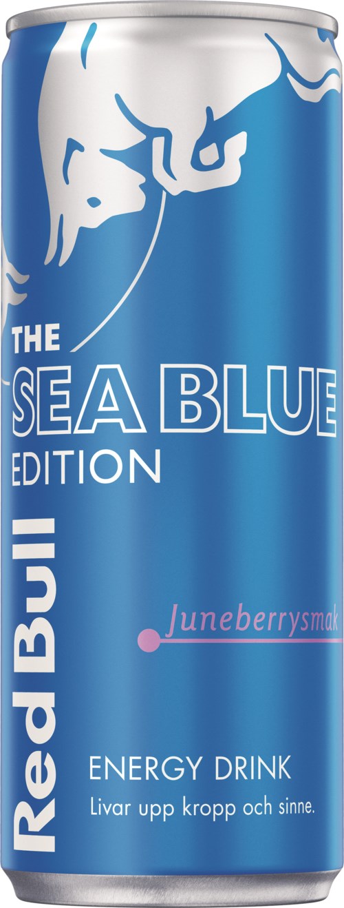 A tall, blue energy drink can with White Bull and Sea Blue Edition, featuring a bull illustration and pink text for juneberrysma.