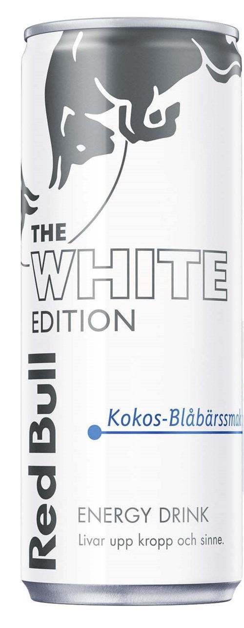 A tall, silver energy drink can with black and blue text and graphics, labeled 'The White Edition' and 'Red Bull'.