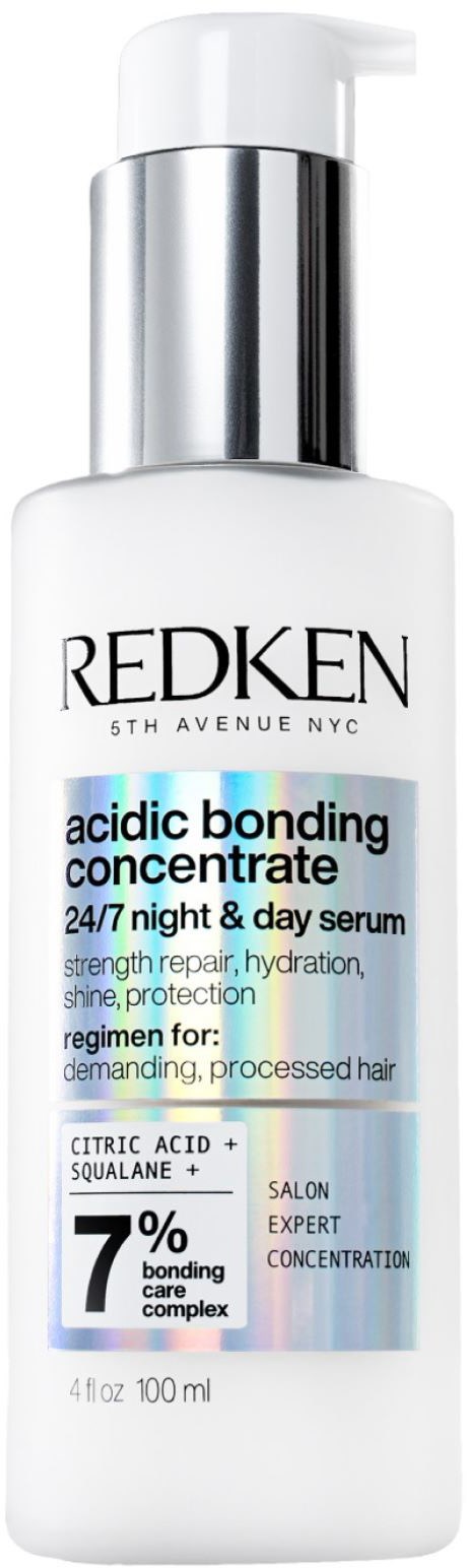 Redken serumfles voor haarbehandeling met woorden over bonding, reparatie, hydratatie en bescherming, in wit en zilver ontwerp.