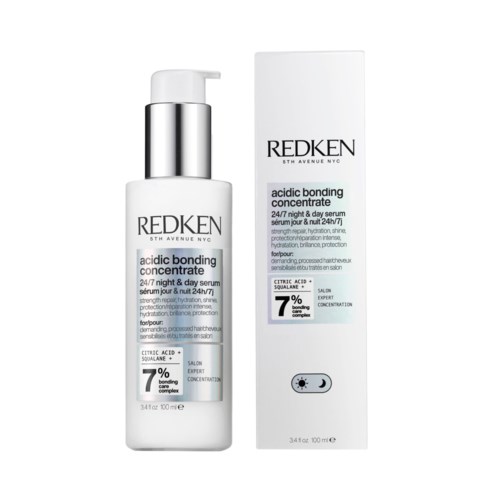 Redken 24/7 nacht- en dagserum in witte fles met pomp en doos. Bevat citroenzuur, herstelt haar, 100 ml.