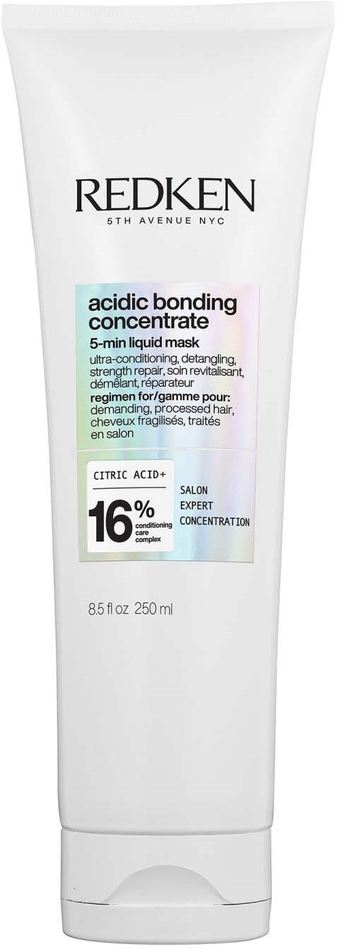 A white tube of Redken acid bonding concentrate hair mask with green and black text.
