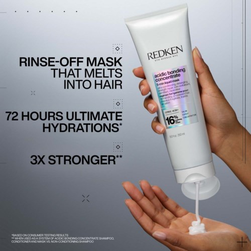 Redken hair mask that melts into hair, offers 72 hours of hydration, and is 3 times stronger.