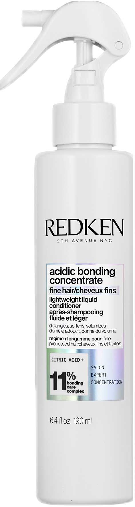 En vit sprayflaska märkt Redken acid bonding concentrate för fint hår, med en spraypistol.