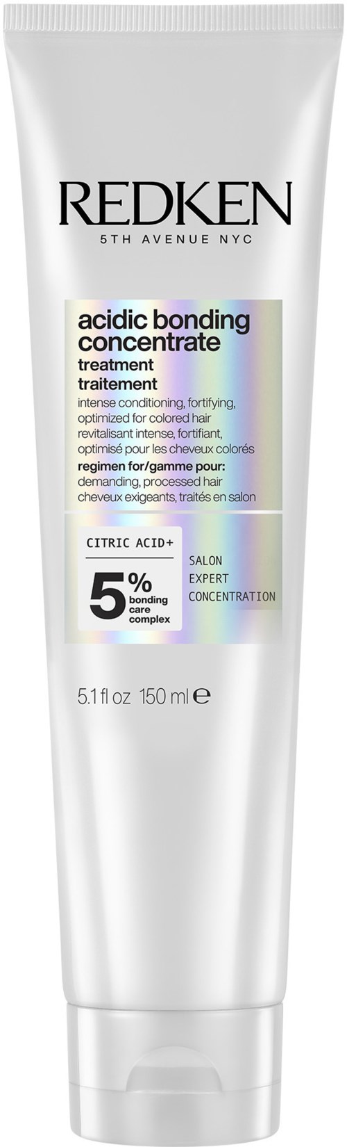 A white tube with black and purple text, named Redken, for hair treatment with acid bond concentrate. It is 150 ml.