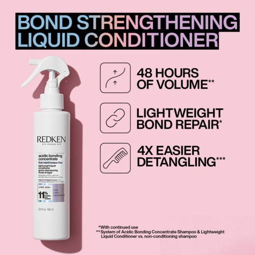 A hair product bottle claims to boost volume and ease detangling with long-lasting effects.