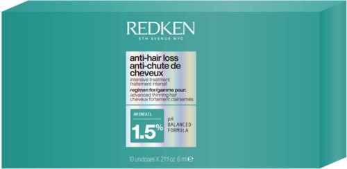 Redken hair treatment box in teal color with white and black text for anti-hair loss and balanced pH.