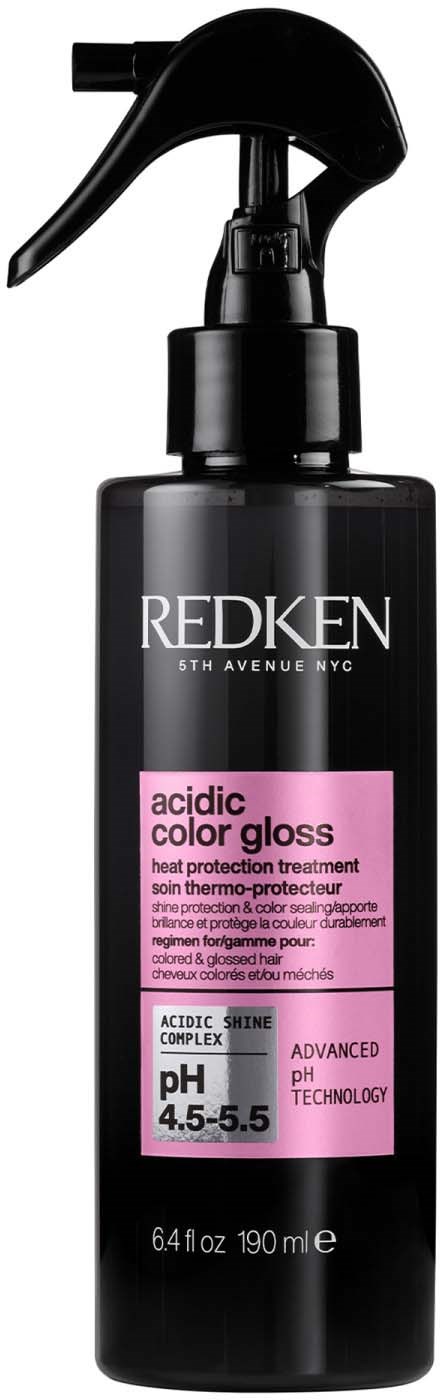 Zwarte sprayflacon van Redken acidsiche kleurgloss haarkuur met pH 4,5-5,5, voor hittebescherming en haarkleurglans.