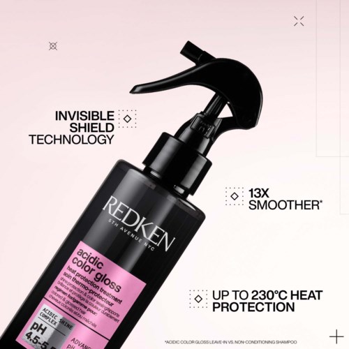 Een zwarte spuitfles van Redken 5th Avenue NYC met zure haarkleurglans en productdetails.
