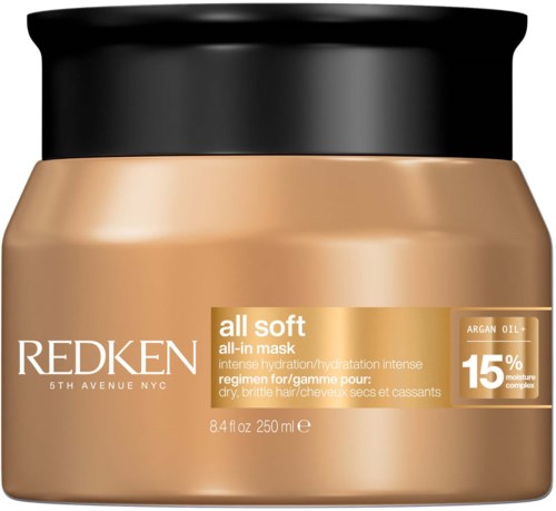 En beige burk med svart lock för Redken All Soft hårmask, 250 ml, för torrt, skört hår.