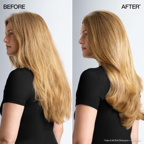 Sid-by-sidjömförr-och-efter-beskrivning-av-hår,alla-soft-shampoo, visande slätare,glansigare-hår.