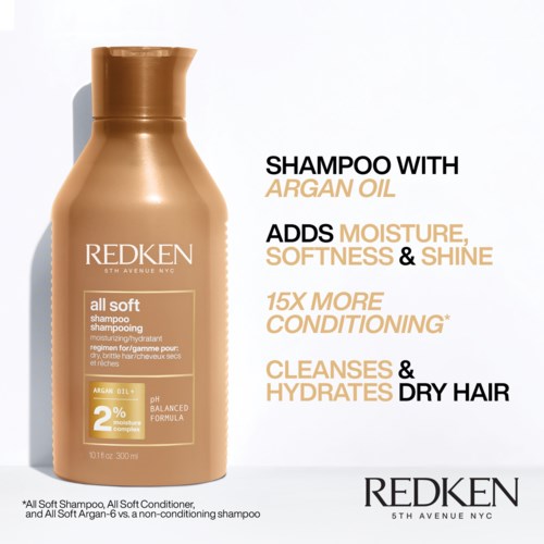 Redken shampoo fles met tekst over arganolie, vocht, glans, conditionering en droog haar.