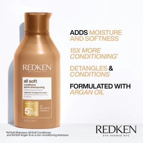 Redken shampoo bottle with text about moisturizing, softness, and argan oil benefits.