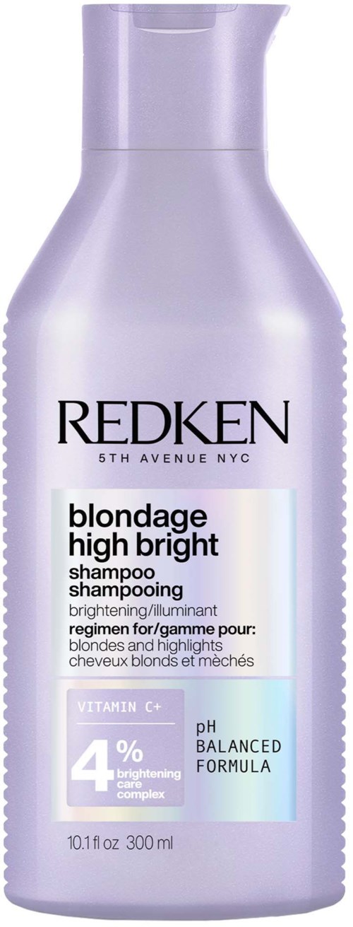 Lichtpaarse shampoo fles met 'Redken blondage high bright' voor blondines met vitamine C en pH-gebalanceerd.