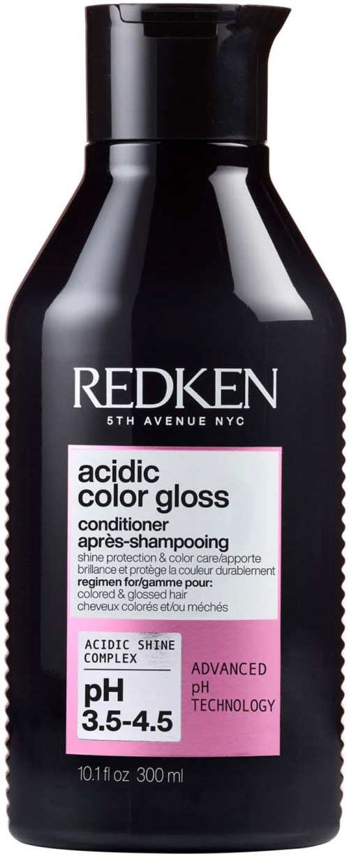 Een zwart flesje Redken zuur kleurgloss conditioner voor glanzend, goed verzorgd haar met pH 3,5-4,5.