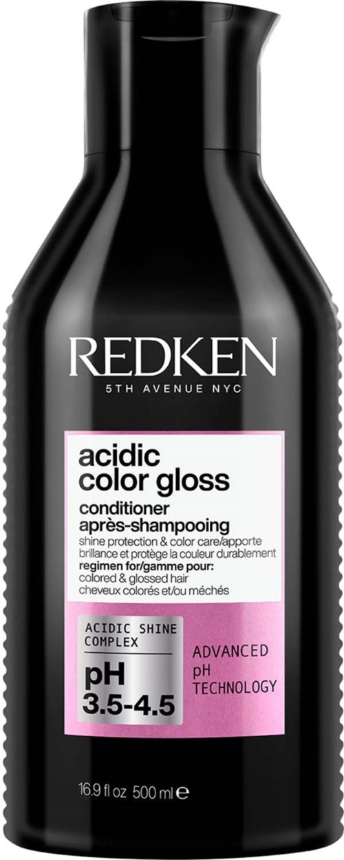 Redken zure kleur glans conditionerfles, zwart met wit en roze label, pH 3,5-4,5, 500 ml.