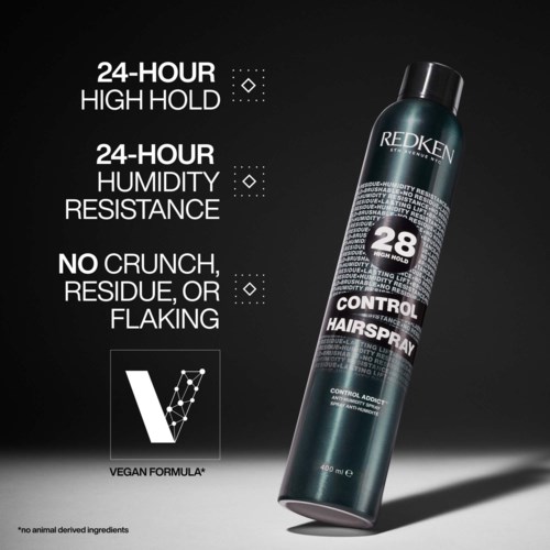 En flaska Redken hårspray med 24-timmars stark hållning, fukttålighet och utan skrynklor. Vegansk formula.