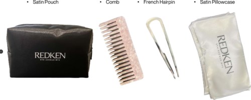 The image shows hair care tools: a black pouch, a pink comb, a white hairpin, and a white silk pillowcase.