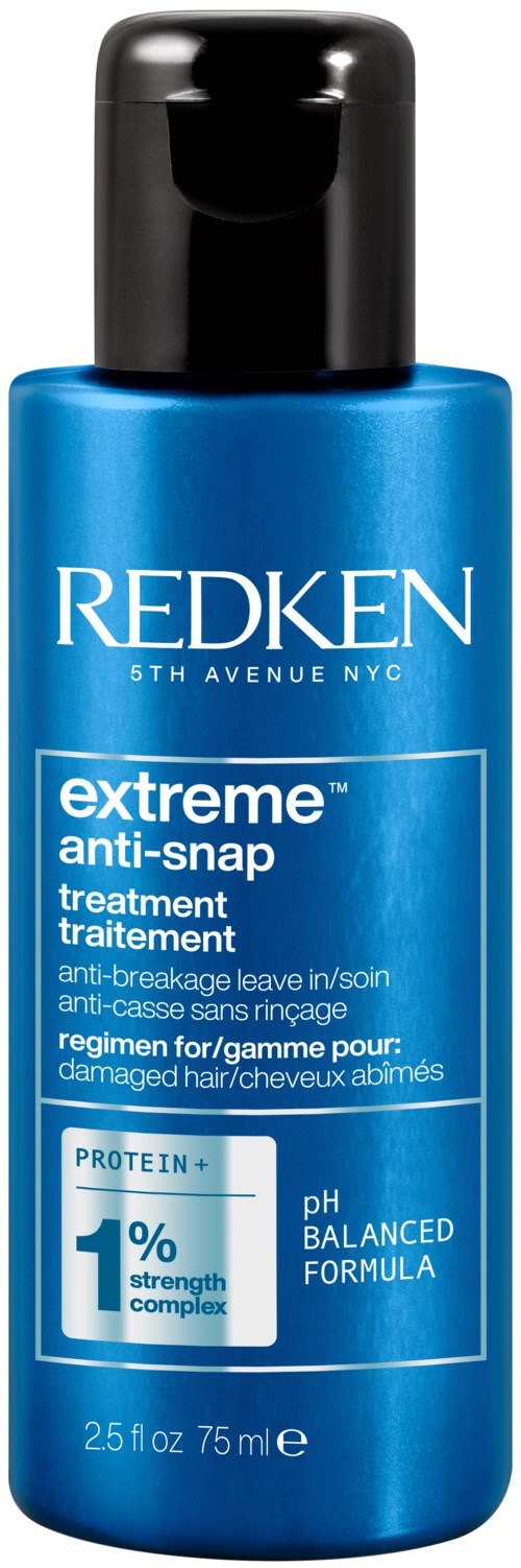 Blue bottle of Redken anti-snap hair treatment with black cap and white text, highlighting protein strength and pH balance.