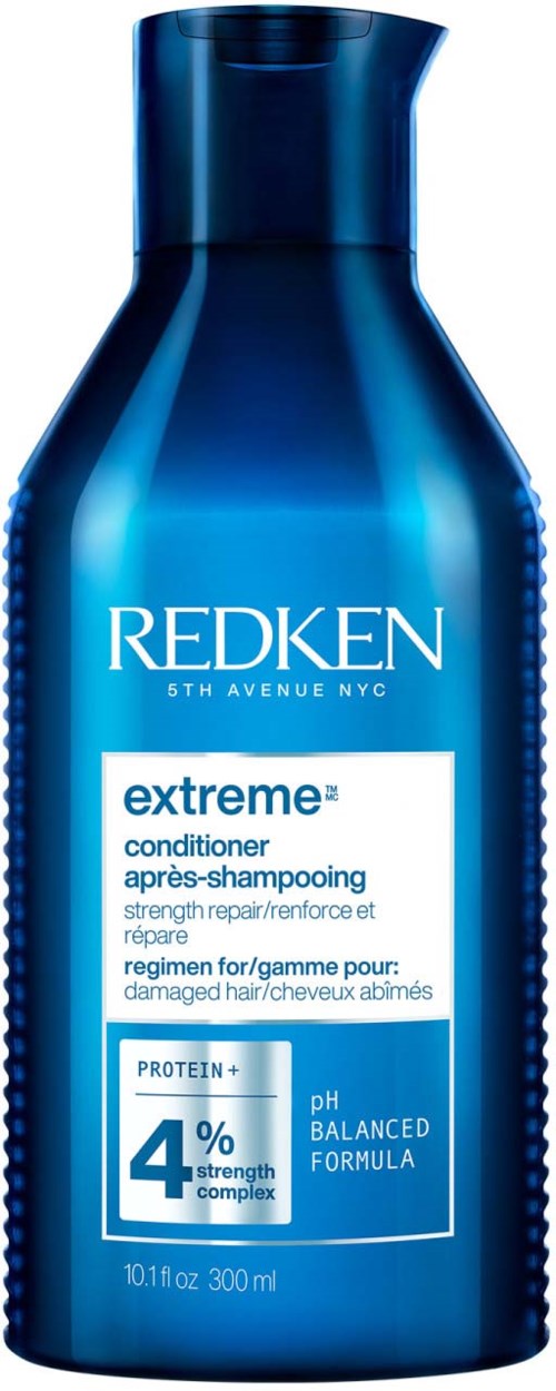 Blauwe shampoo fles met Redken Extreme, voor beschadigd haar, met 4% eiwit, 300 ml.