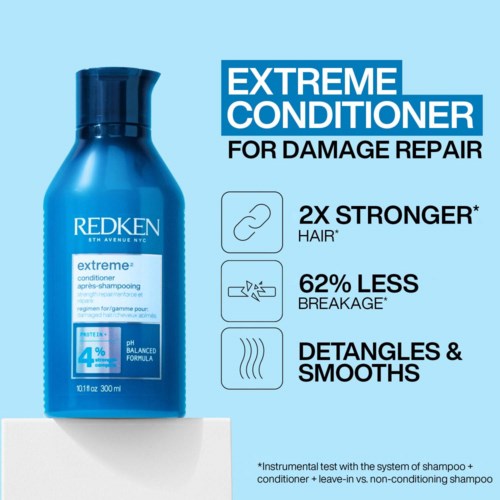Blauwe fles Redken Extreme Conditioner voor beschadigd haar en gladheid. Geeft sterker haar en minder breuken.
