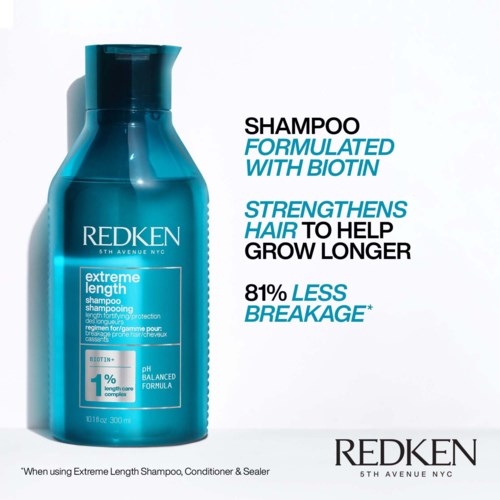 Blauwe shampoo fles met tekst over haarversterking, minder breuk en biotine voordelen.