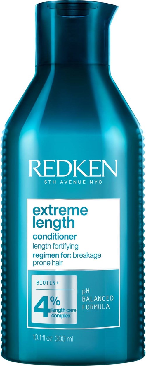 A blue bottle of Redken extreme length conditioner with white and blue text and a cap on top.