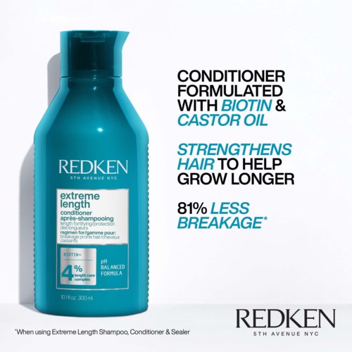Redken shampoo bottle with text about strengthening hair and reducing breakage, containing biotin and castor oil.