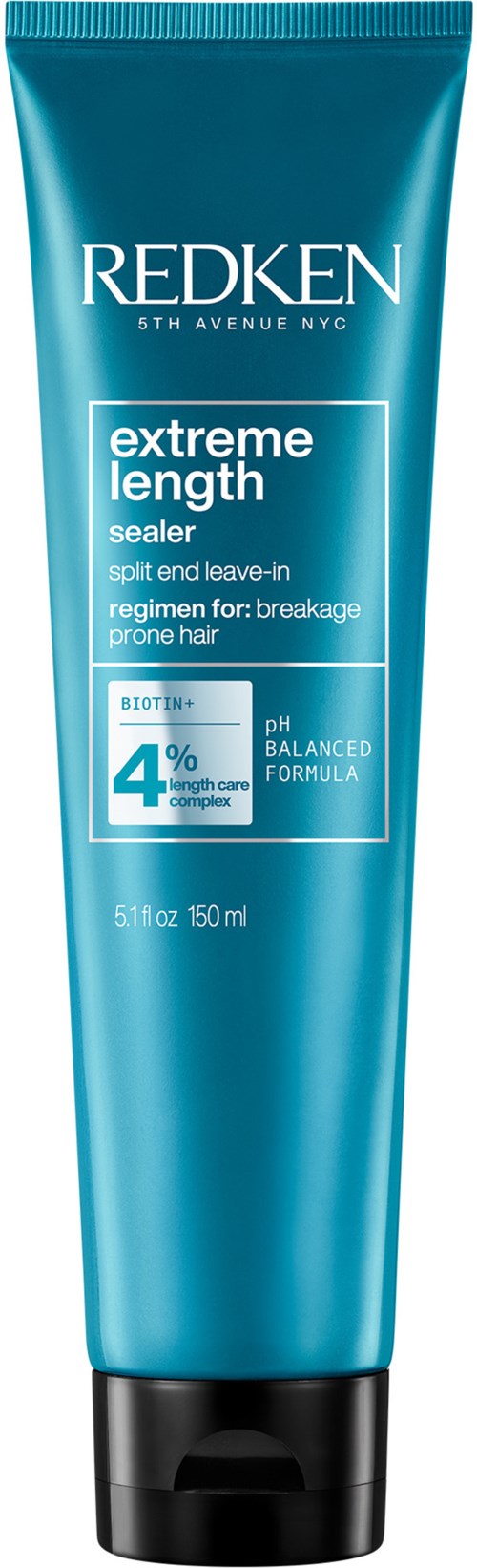 Blå tube med svart lokk, merket 'Redken Extreme Length Sealer' for hårpleie.
