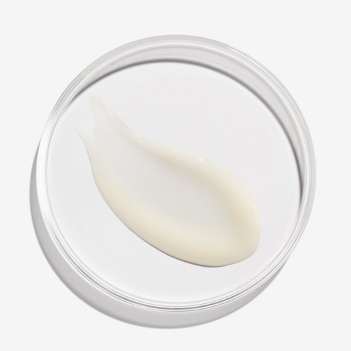 En liten rund beholder med en klatt av hvit krem eller lotion, glatt og glansfull tekstur.
