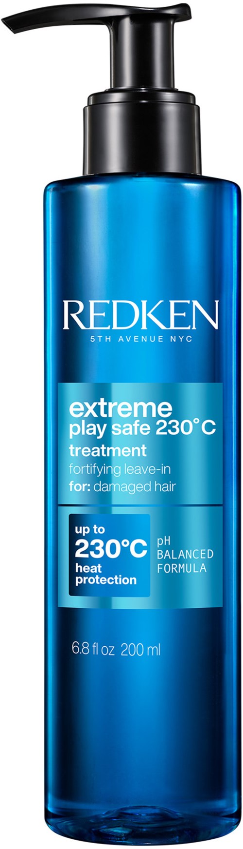 Blauwe fles van Redken extreme play safe behandeling voor beschadigd haar, tot 230°C hittebescherming, 200 ml.