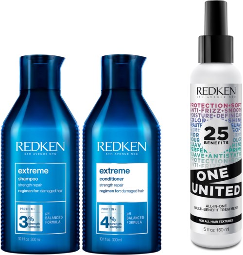 Three Redken hair products: shampoo, conditioner, and a spray for hair protection and health.