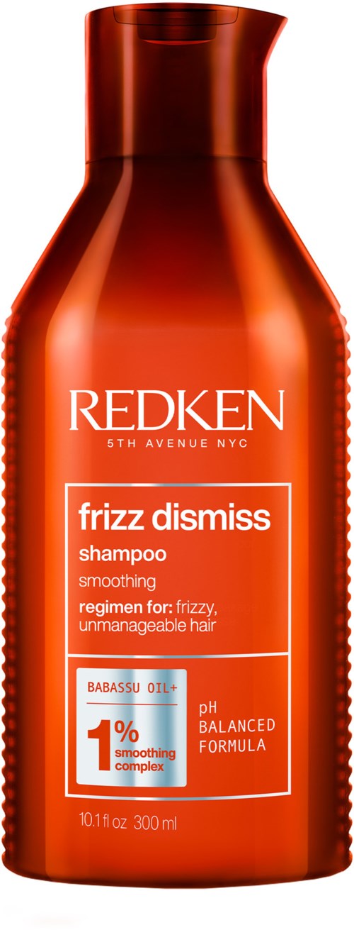 Redken shampoo fles, rood kleur, label zegt 'frizz dismiss' voor glad haar, 300 ml.