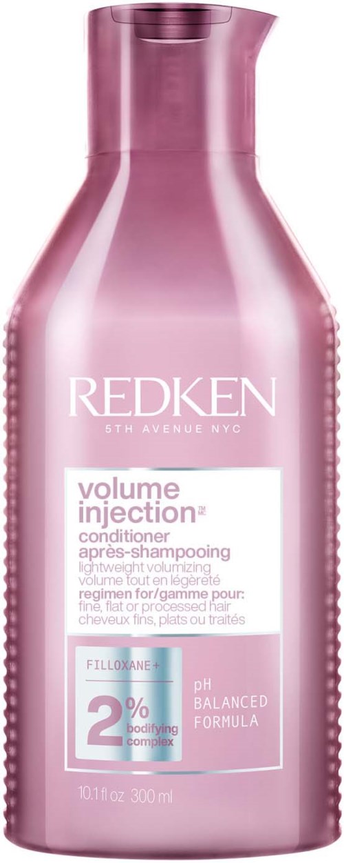 Roze fles met Redken volume injection shampoo met 2% Filloxane en pH gebalanceerde formule.